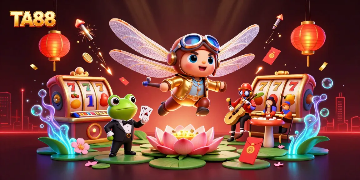 Engage in thrilling gaming adventures at TA88, with vibrant scenes of a lily pad casino and exciting characters.
