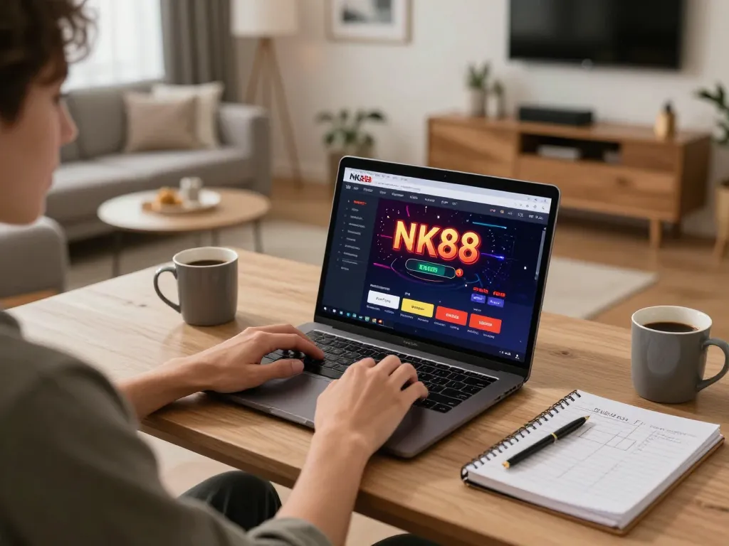 Person engaging with NK88 online casino platform for strategic gaming at home.