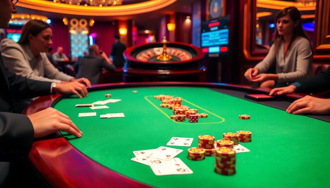 Exciting qh88 casino scene with poker table, roulette wheel, and vibrant players.