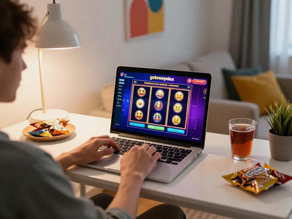 Engaging with gatewayelex online casino games on a laptop at home in a cozy atmosphere.