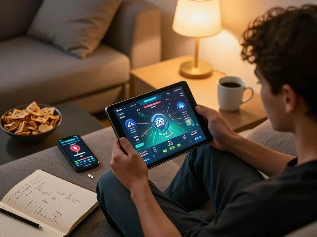 Engaging online gaming session with EA77 info displayed on a tablet and cozy home setup.