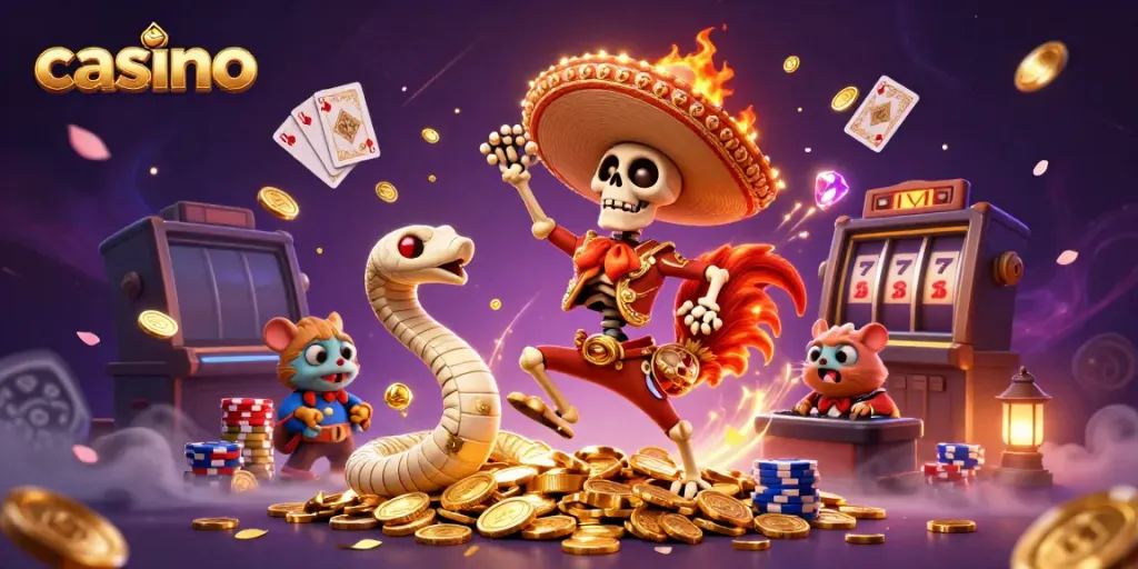 Skeleton mariachi dancing among golden coins in a casino-themed 3D illustration