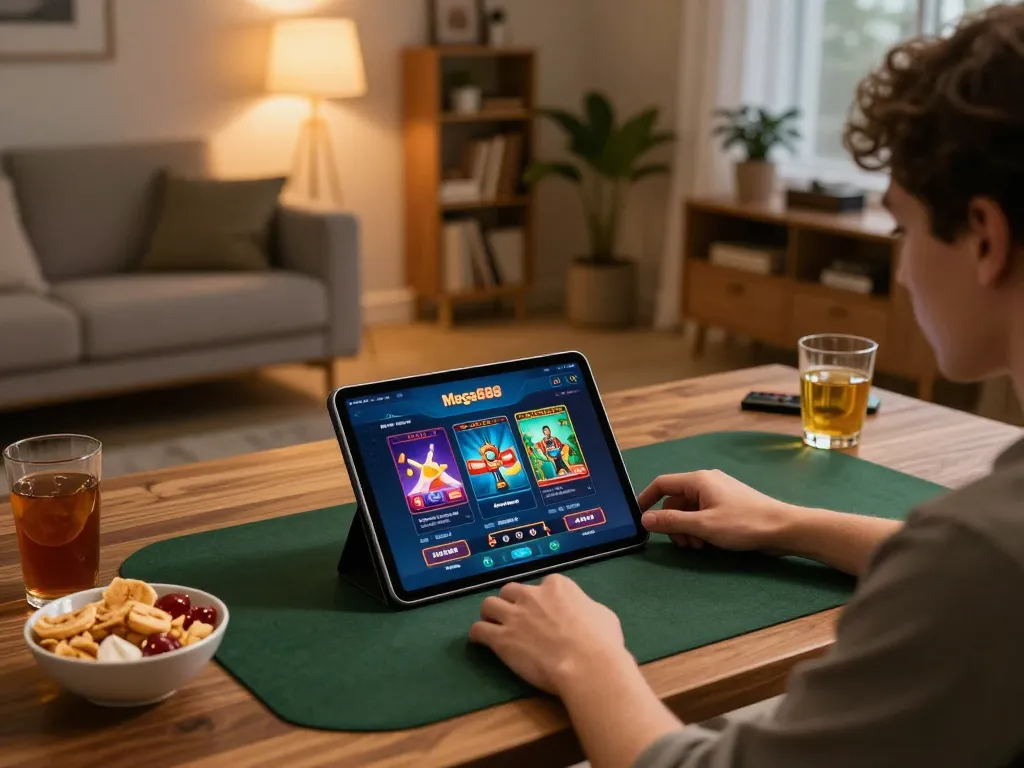 Mega888 Official: Engaging in online gambling via tablet in cozy home setting with snacks and modern decor