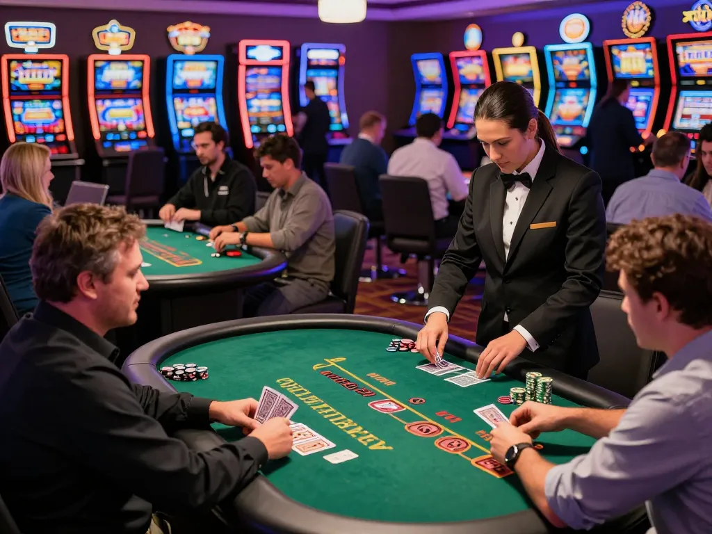 Track-courier, players enjoying an exciting blackjack game with dealers amidst vibrant casino lights