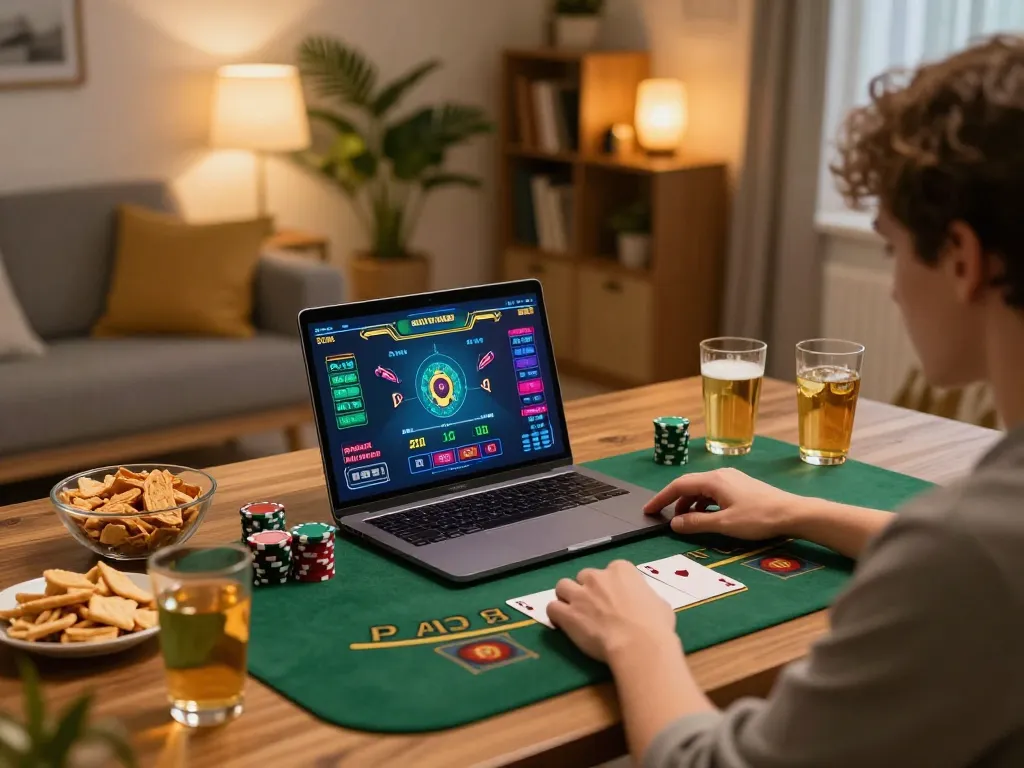 Play blackjack at uu88 with a colorful online gaming interface and cozy home setup.