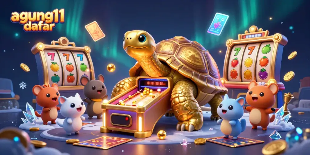 Permainan slot bertema agung11 daftar dengan penyu emas dan elemen kasino dinamis.