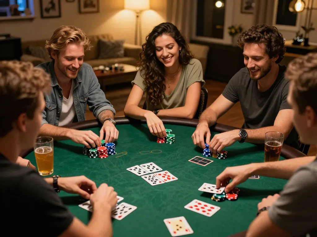 Enjoying gambling nights with friends at https://lucky88.tips/ with poker chips and cards.