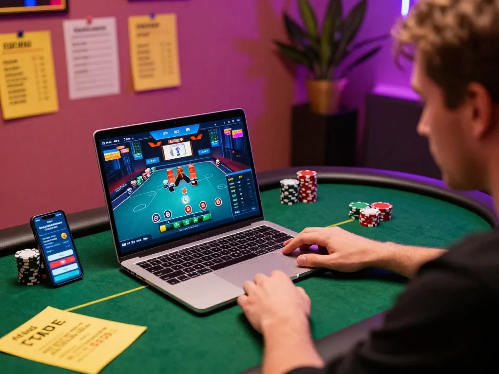 Player enjoying MMOO online poker in a cozy setting with strategy notes and smartphone at hand