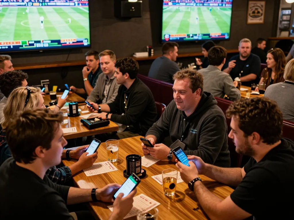 Fans engaged in sports betting with U888 app at lively sports bar, showcasing excitement and strategic gameplay.