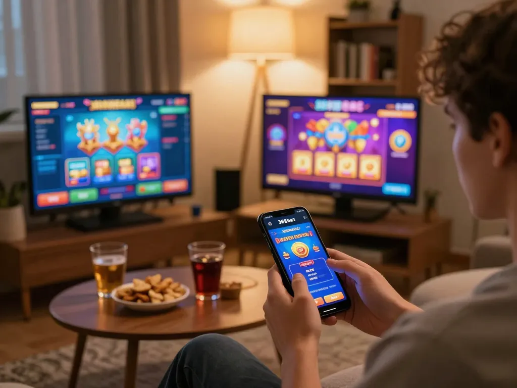 Player engaging with the 388bet mobile app in a cozy gaming environment with snacks.