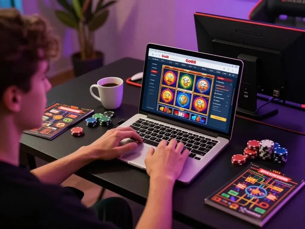 Engaging player exploring Go88 online casino on a laptop with vibrant slot game visuals.