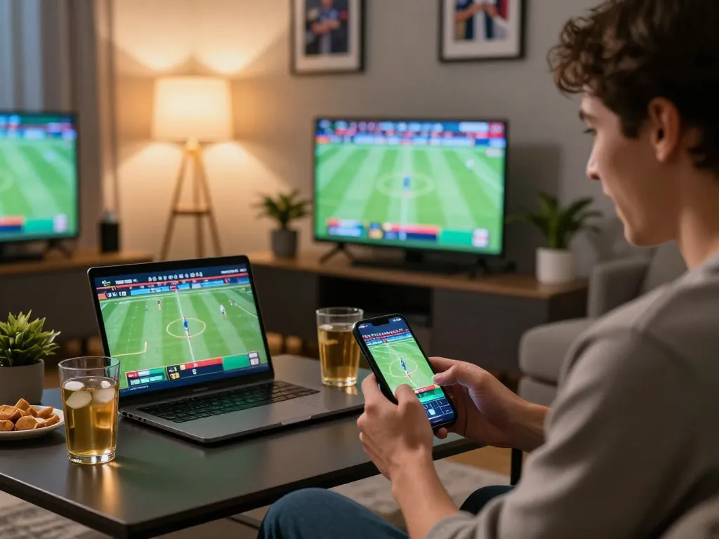 Tỷ lệ kèo nhà cái hôm nay with a sports bettor engaging with live betting on a smartphone and laptop.