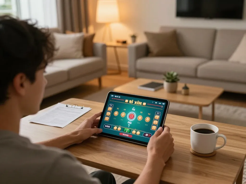 Tài xỉu online gameplay in a cozy home setting with a player focused on tablet.