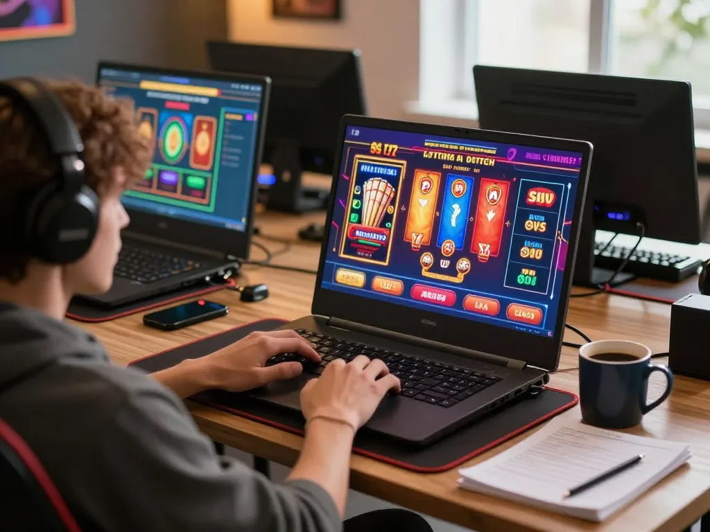 Kuwin player enjoying casino games on laptop, warm ambiance and strategy notes visible