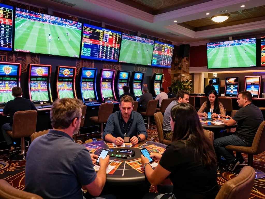 Bsport bettors strategizing their bets in an upscale sports betting area with live events displayed on screens.