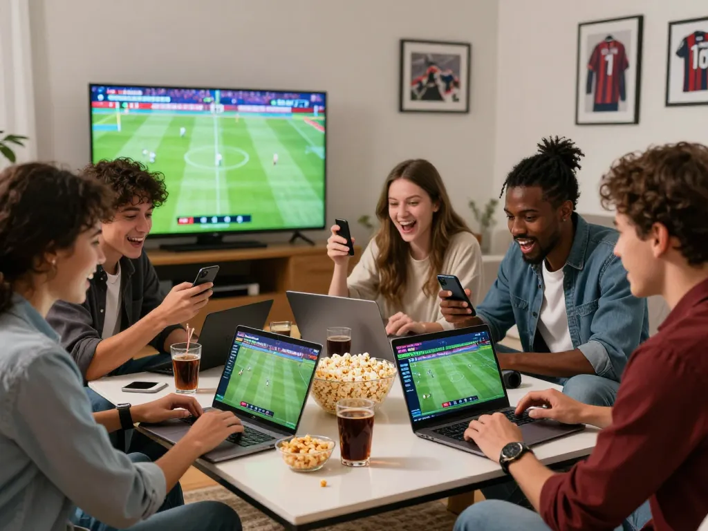 Group analyzing Tỷ lệ cược during a live football match in a vibrant setting.