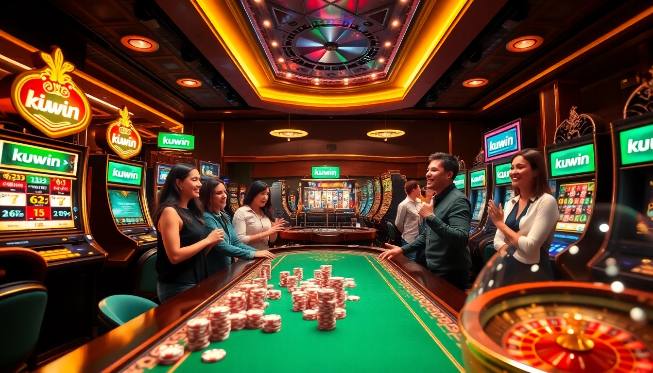 Kuwin casino players celebrating a big win at a vibrant slot machine surrounded by chips and cards.