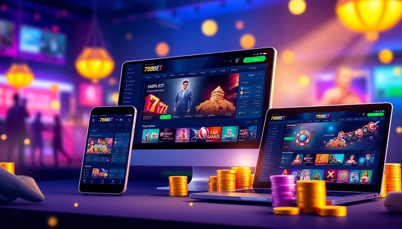 Engaging online gambling scene showcasing 789bet's user-friendly interface across devices, emphasizing excitement and trust.