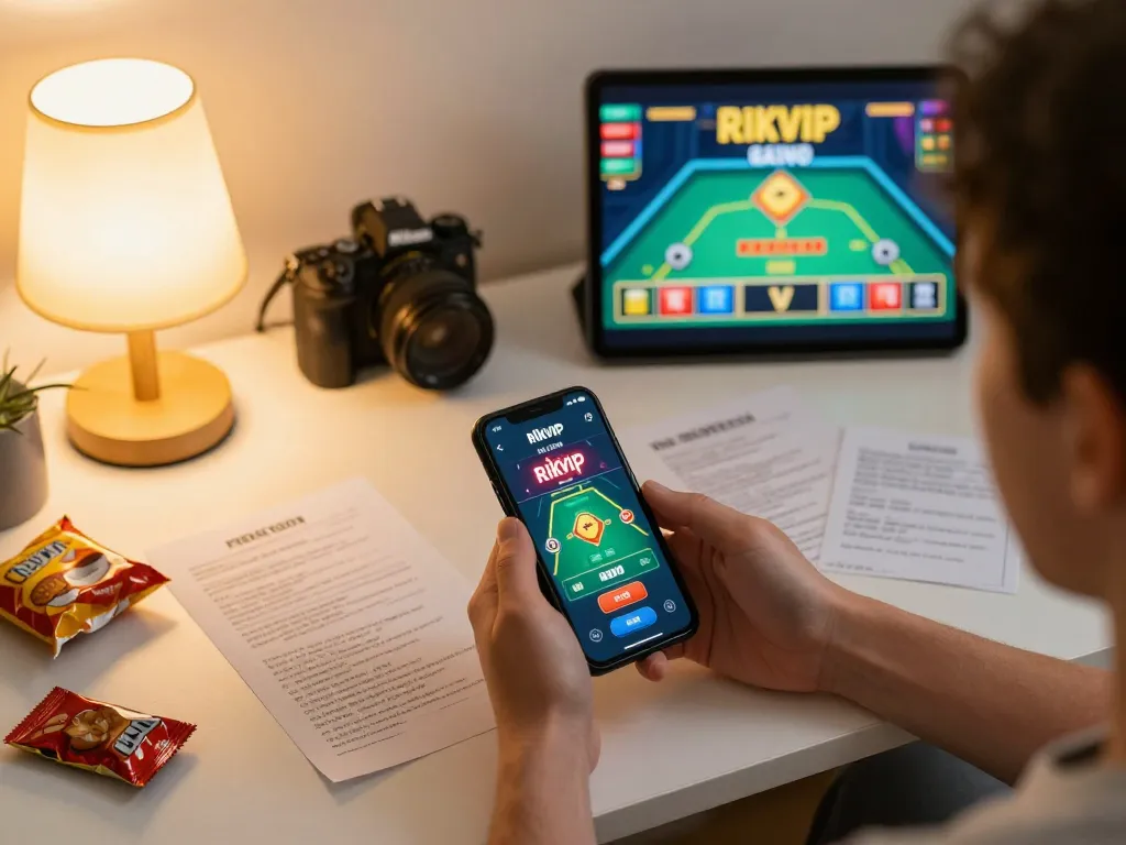Player engaging with the rikvip app on smartphone at home, showcasing casual online gaming atmosphere.