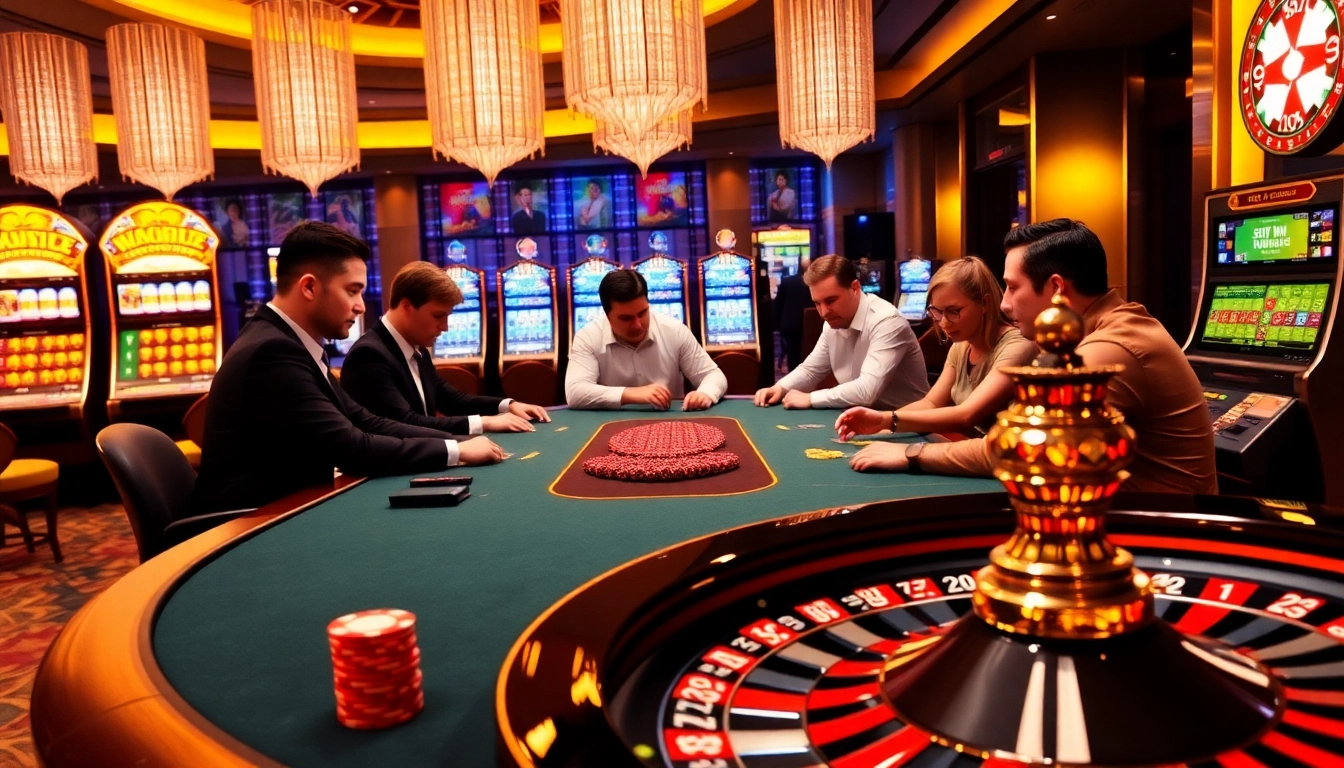 Players strategizing at a high-stakes poker table at 58win casino, showcasing excitement and luxury.