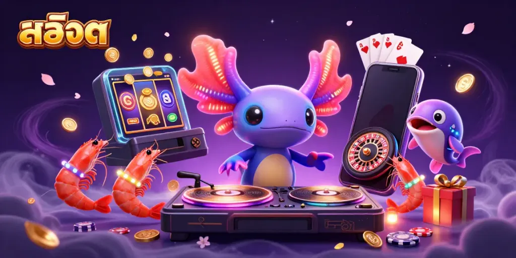 Engage in สล็อต excitement with a vibrant 3D illustration of a neon axolotl DJ and lively sea creatures.