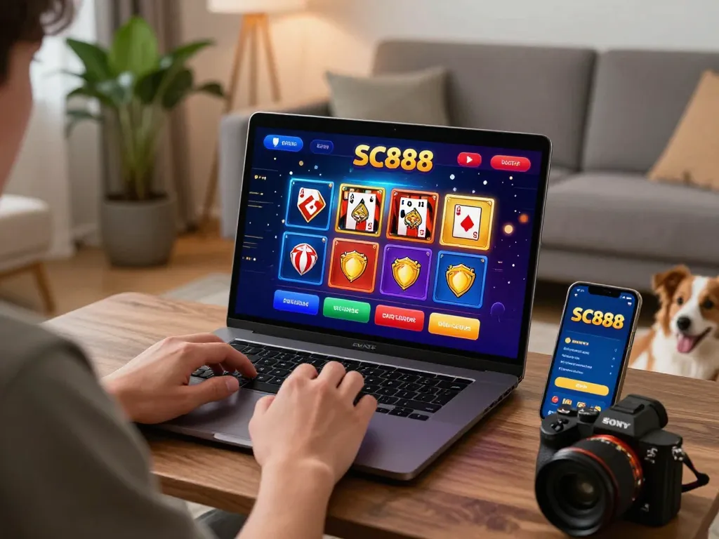 Engaging player on SC888 gaming platform at home with laptop and smartphone for online gambling.