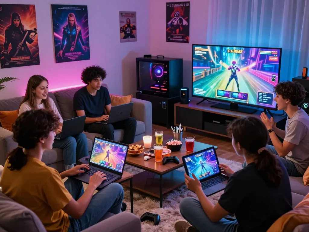 Exciting scene of friends playing sex games together on laptops and tablets in a cozy gaming room.