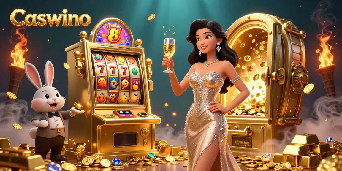 Celebrate wins at Caswino Casino with a glamorous scene featuring jackpots and treasures.