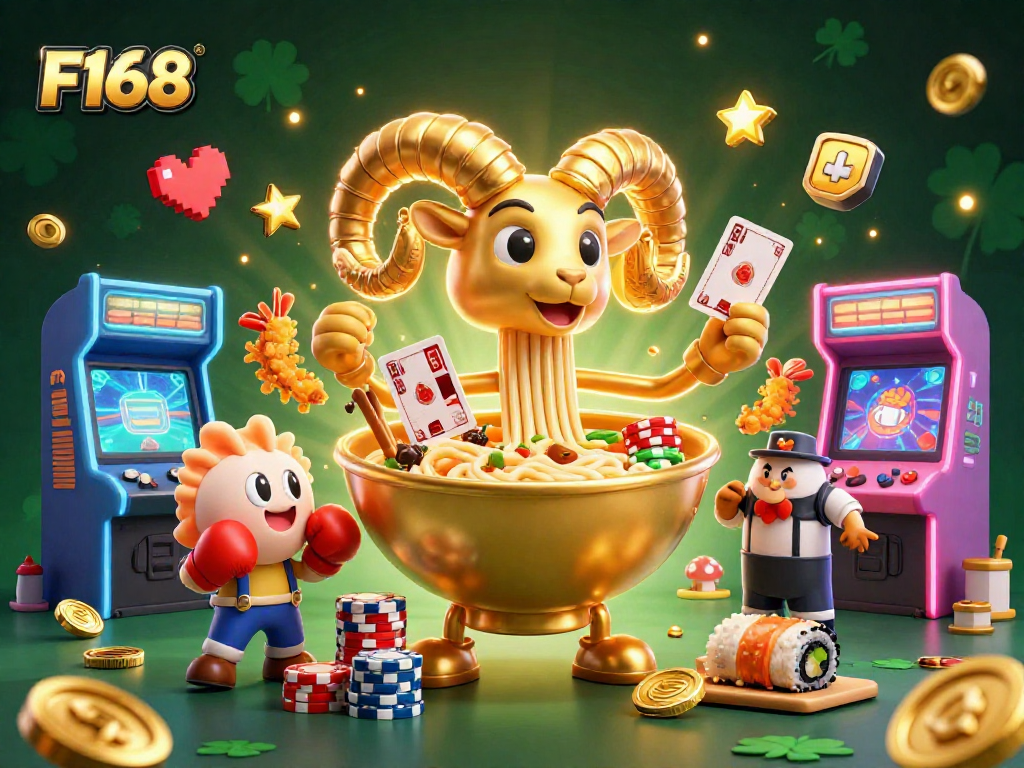 Engage in vibrant gameplay at F168, featuring a giant ramen bowl dealer and dynamic casino elements.