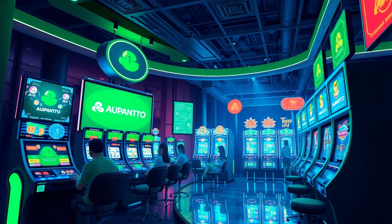 Engaging scene of ASUPANTOTO online gaming interface with vibrant slot machines and user interactions.