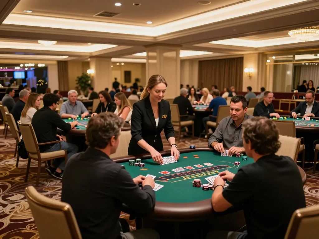 A thrilling blackjack game at an upscale casino, showcasing engaging gameplay at https://shbetac.co with players and a professional dealer.