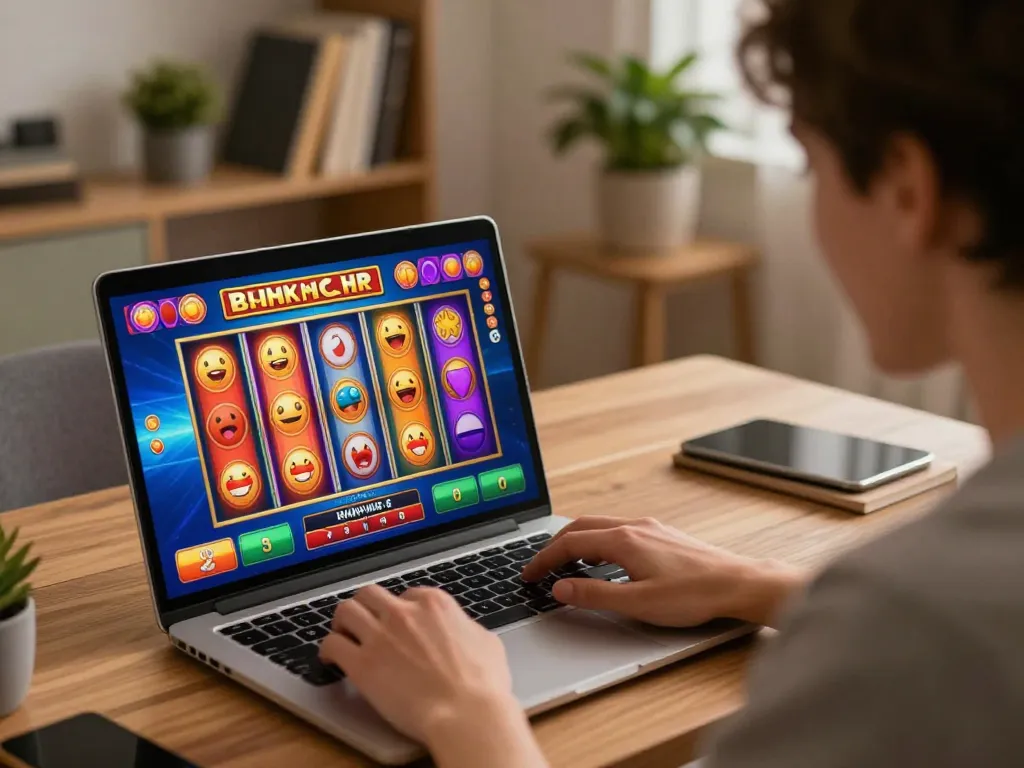 Pemain Bintangmpo menikmati permainan slot online yang mengasyikkan di laptop dalam suasana rumah yang nyaman.