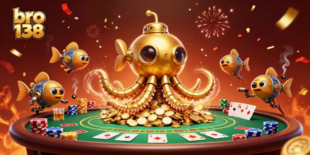 Engage with bro 138, a vibrant casino scene featuring a golden kraken submarine amidst poker chips and confetti