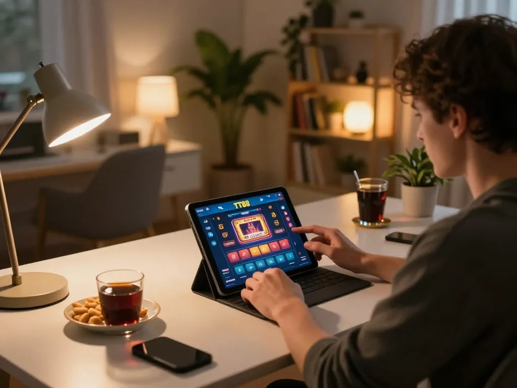 Player enjoying TT88 online gaming on tablet, showcasing strategic gameplay in a cozy home setup