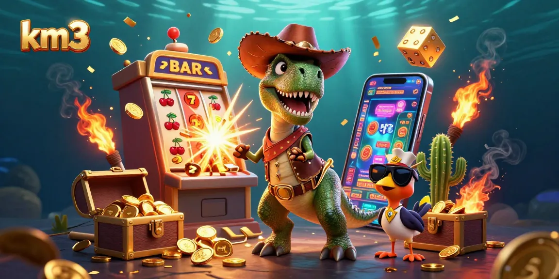 Engage with exciting km3 casino action featuring cartoon dinosaur, jackpot slots, and vibrant gaming elements.