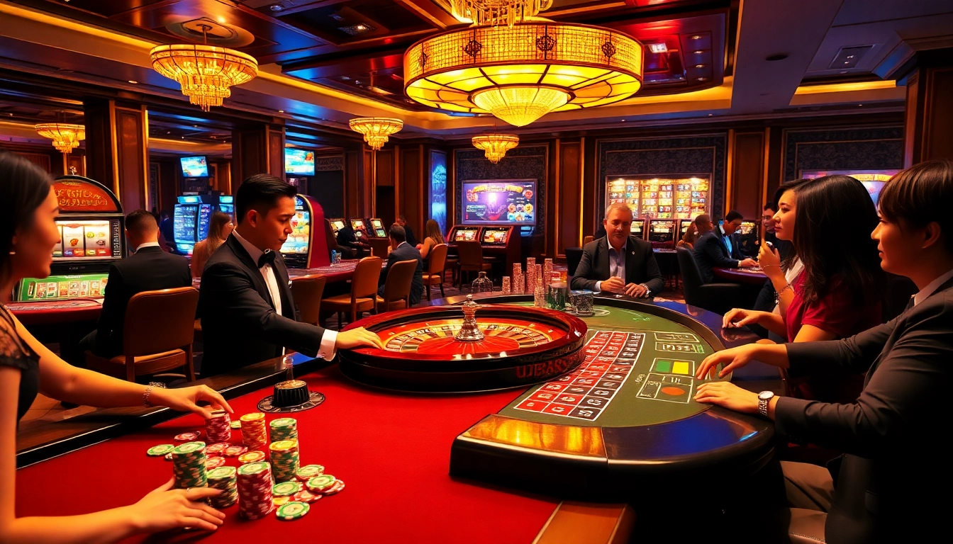 Exciting casino atmosphere with players engaging at a roulette table, highlighting uu8888 online gambling experience.