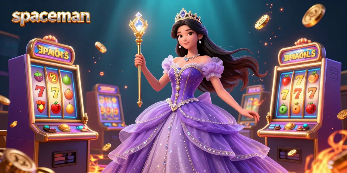 Engage with the spaceman in a vibrant casino scene featuring dynamic slot machines and glowing elements.
