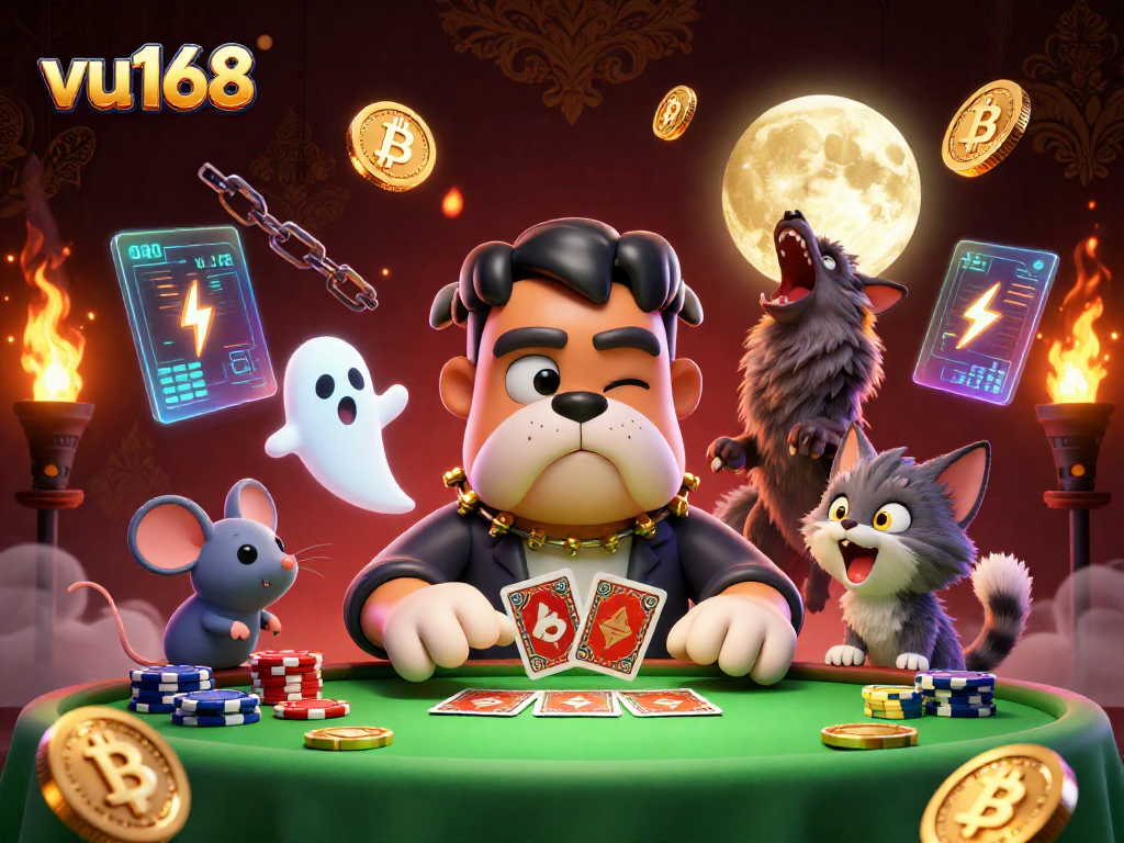 Experience the fun and excitement of betting at vu168 with a dazzling 3D casino scene featuring quirky characters and crypto elements.