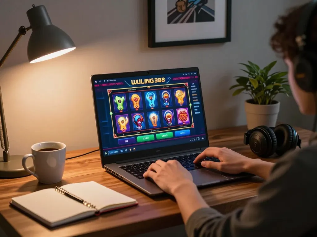Pengalaman bermain game daring yang menarik di WULING388 dengan slot yang cerah dan pengaturan kantor rumah yang nyaman.