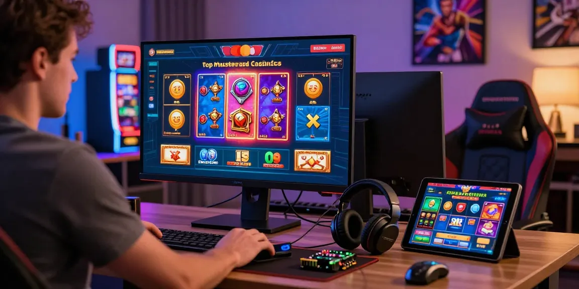 Exciting gaming scene featuring a player engaging with top mastercard casinos at a modern computer desk