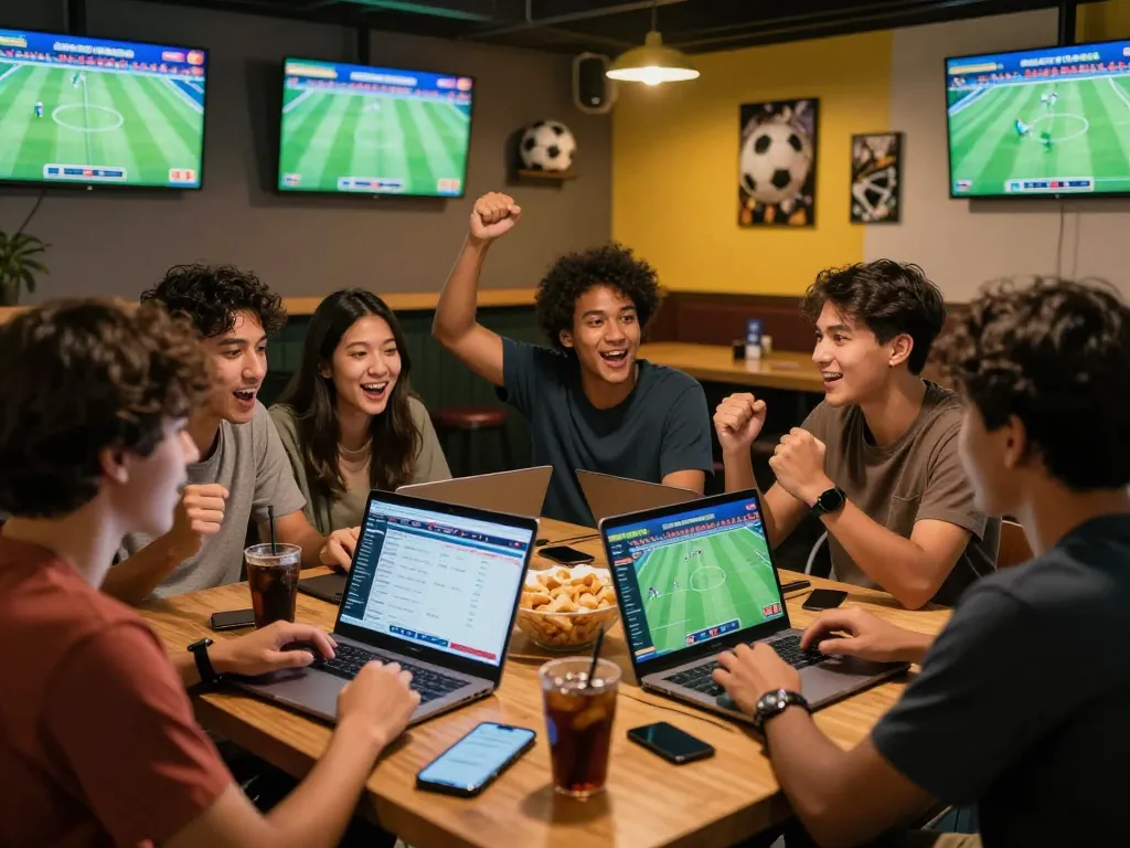 Excited friends engaging in Judi Bola betting while watching live football matches in a vibrant sports bar atmosphere.
