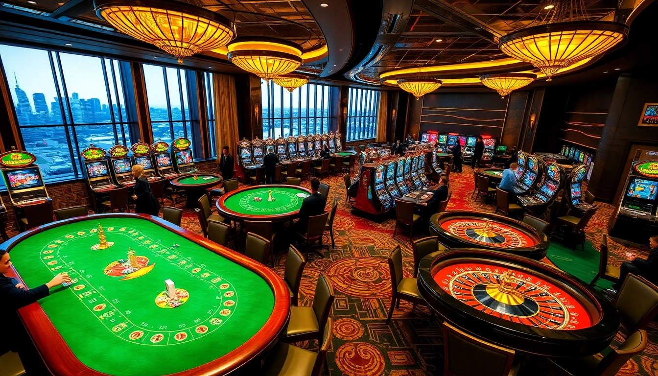 Exciting SODO casino action with players at poker tables and roulette wheels amidst luxurious decor.