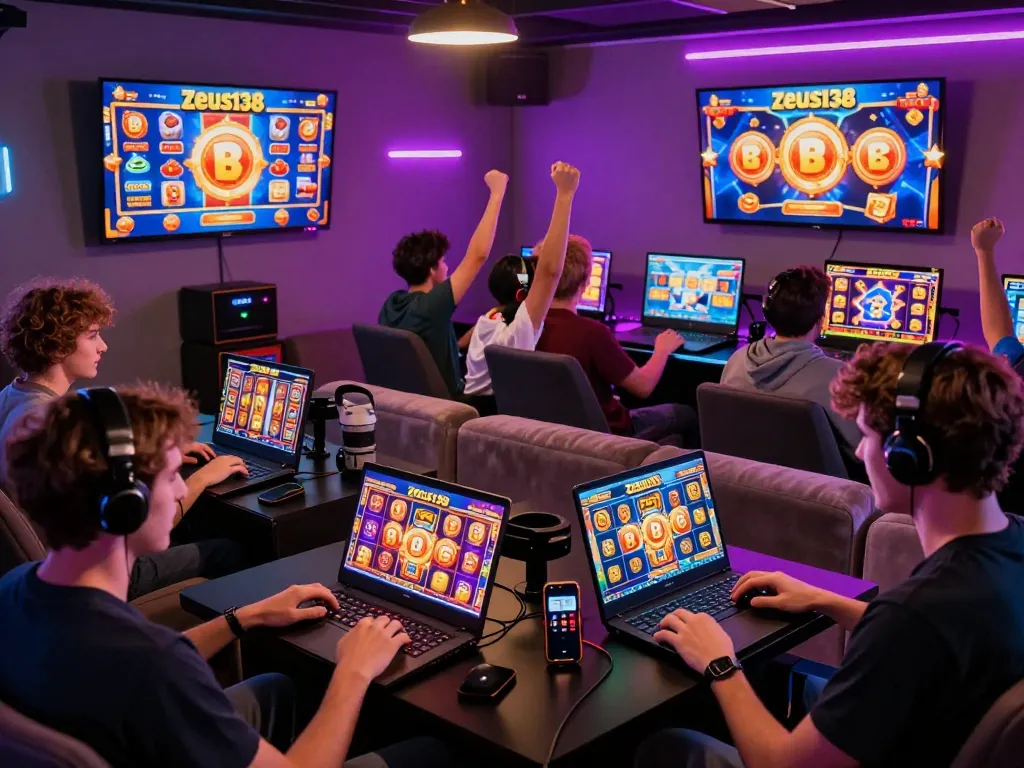 Exciting online gaming moment on Zeus138 platform, players celebrating big wins and engaging with colorful slot games in a vibrant lounge atmosphere.