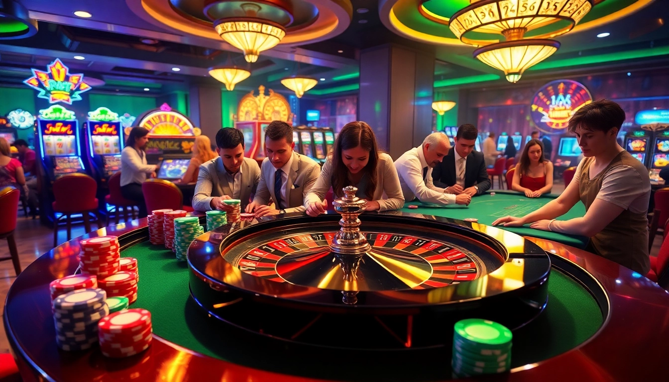 Action-packed gambling scene at https://rr88c.mobi/ showcasing roulette, excited players, and luxurious casino ambiance.