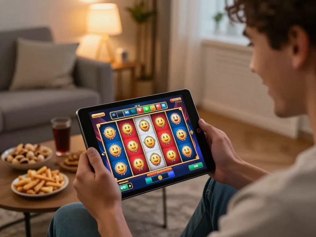 Engaging in online slot Malaysia gaming on tablet, joyful player celebrating a win.