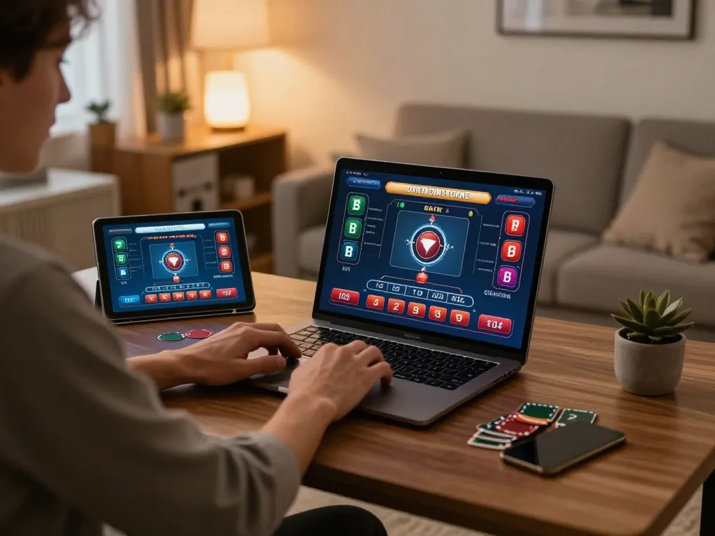 Player strategizing on slot dewa online game at home, illuminated tablet and laptop display.