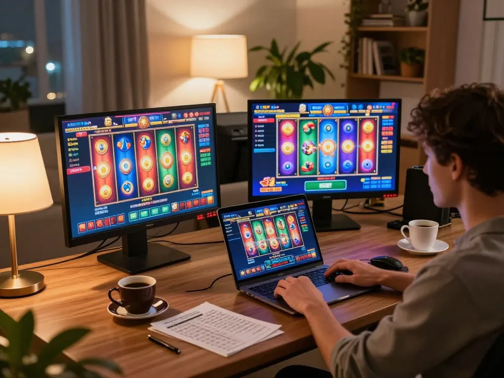 Engaged player enjoying online gambling at crosstonerestaurant setup with dynamic slot games.