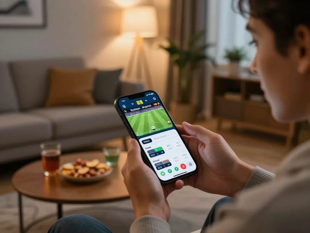 Engaging in live betting on may88 app during an exciting soccer match in a cozy living room.