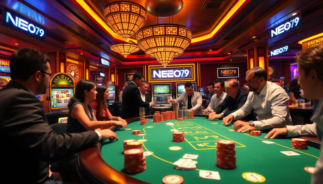 Players engaging joyfully at a poker table in the vibrant NEO79 casino scene.