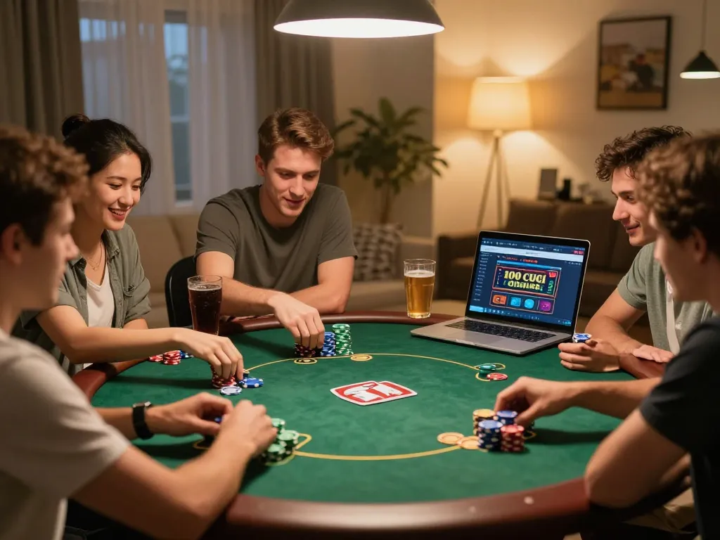 Malam permainan poker yang menarik bersama rakan-rakan bermain di 100 cuci di rumah, menunjukkan suasana sosial yang meriah.